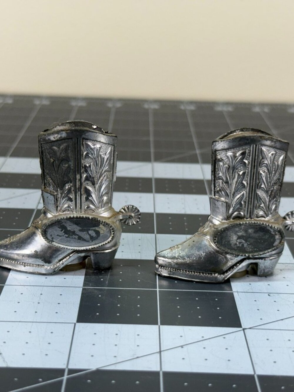 Vintage 1950s Metal Cowboy Boots Salt and Pepper Shakers Tooled Details Japan